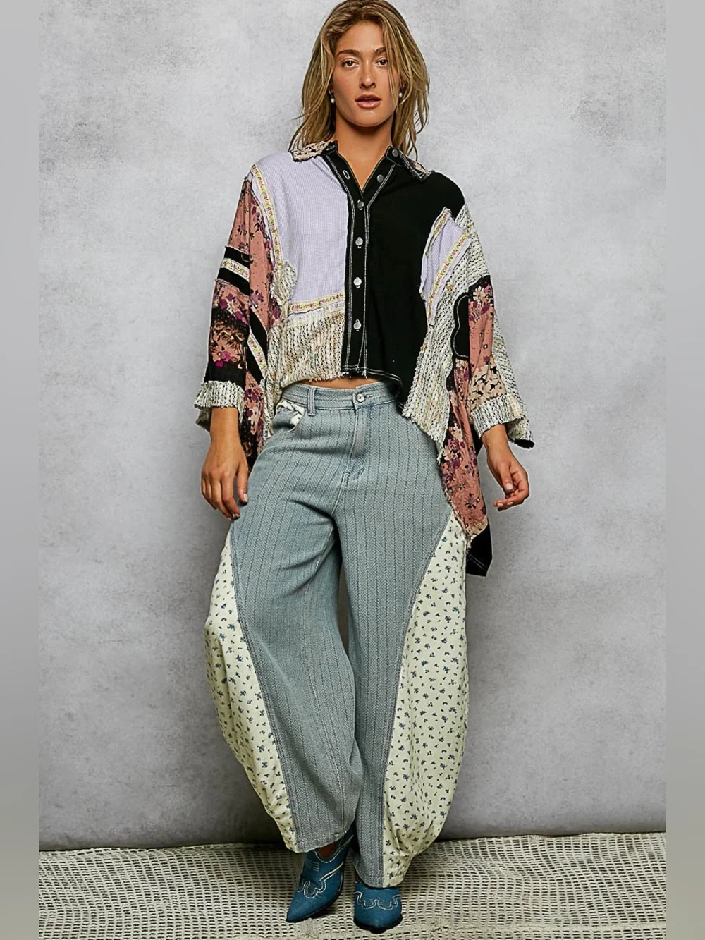 POL “ Topanga Hideaway “ Poncho Patchwork Cotton Oversized Top | Lilac / Black - Picture 9 of 9